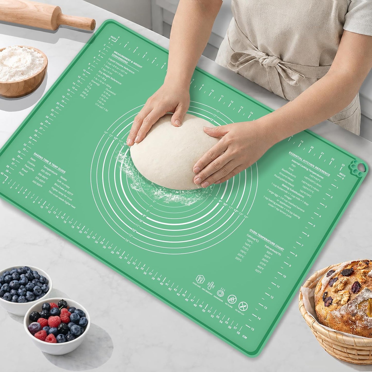 Extra Large Food Grade Platinum Silicone Pastry Mat 28 x 20, Non-Slip Non-Stick Baking Mat for Rolling Dough with 5mm Raised Edge, Measurements & Baking Guide for Bread, Pizza, Pie & Sourdough