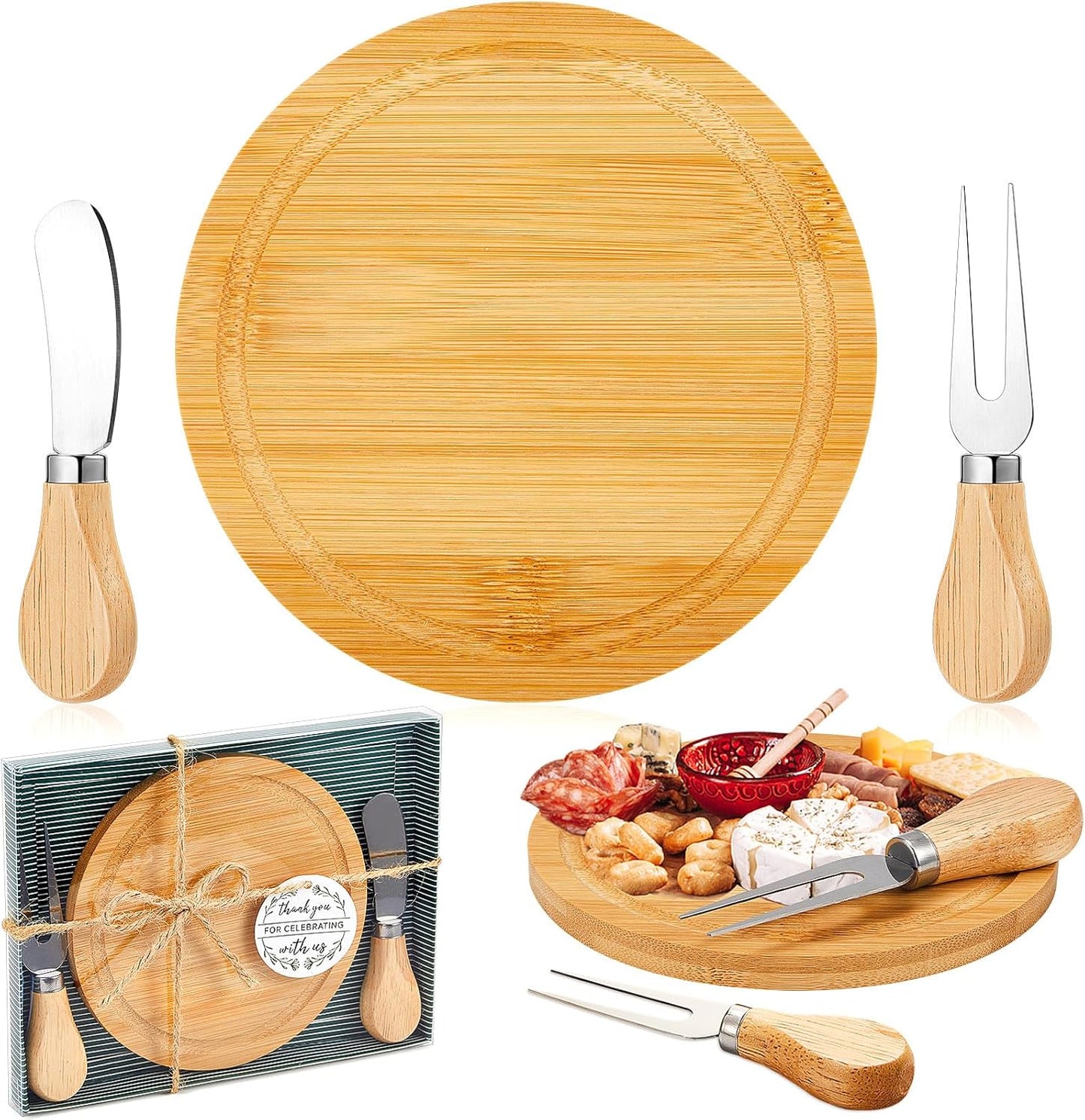 Maxcheck 6 Sets Baby Shower Bridal Game Prizes for Winners Round Cheese Board Set Wood Mini Charcuterie Board with Knives and Forks Thank You Card with Gift Box for Guests Wedding (Bamboo)