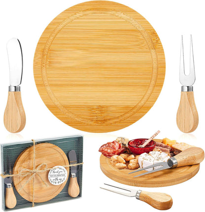 Maxcheck 6 Sets Baby Shower Bridal Game Prizes for Winners Round Cheese Board Set Wood Mini Charcuterie Board with Knives and Forks Thank You Card with Gift Box for Guests Wedding (Bamboo)