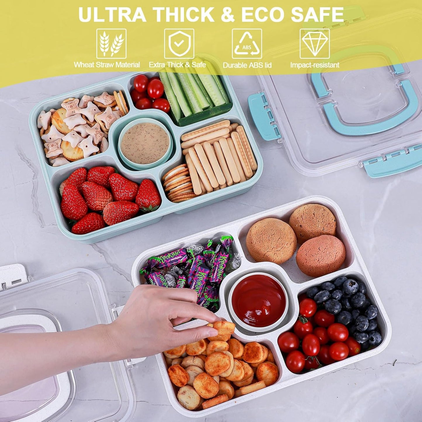 Large Snackle Box Container with Dip Container, 5 Compartments Snack Container with Lid and Handle, Veggie Fruit Divided Serving Tray for Party, Picnic, Dishwasher Safe, BPA-Free