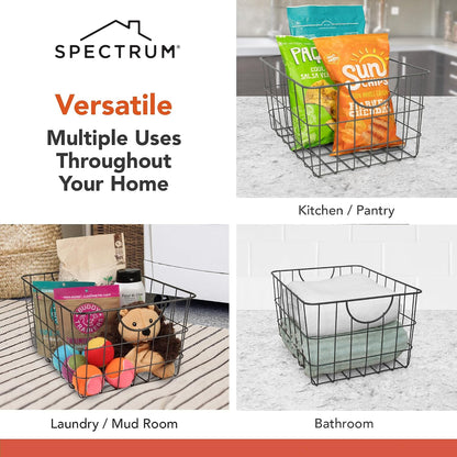 Spectrum Utility Steel Wire Storage Basket for Kitchen Pantry Organization & Closet Shelves with Easy Grip Handles, Durable Metal Basket Organizer with Open Design for Easy Viewing, Industrial Gray