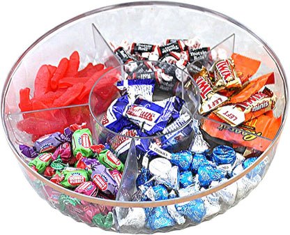 Clear Divided Snack Serving Tray with Lid – 6-Compartment Party Platter with Rose Gold Accent Lines for Candy, Fruit, Nuts, Chips, Appetizers & Desserts