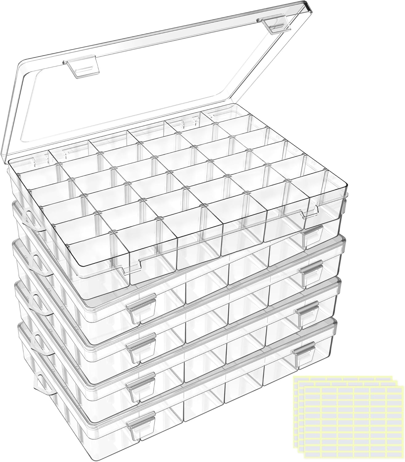 DILIBRA 5 Pack 36 Grids Large Plastic Organizer Box with Adjustable Dividers, Clear Craft Organizers Bead Organizers with Label Stickers, Compartment Container for Beads Crafts Jewelry Fishing Tackles