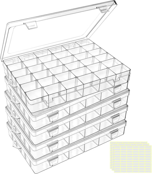 DILIBRA 5 Pack 36 Grids Large Plastic Organizer Box with Adjustable Dividers, Clear Craft Organizers Bead Organizers with Label Stickers, Compartment Container for Beads Crafts Jewelry Fishing Tackles