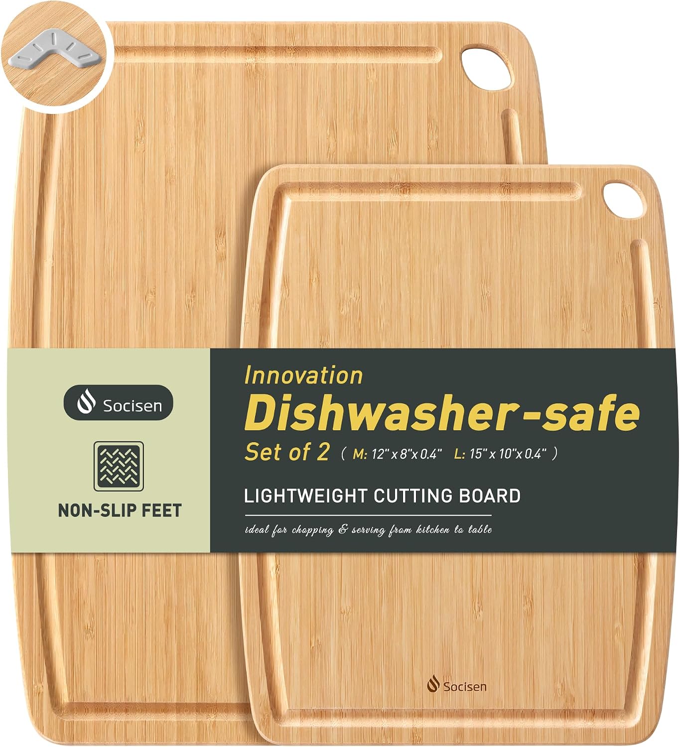 Lightweight Durable Bamboo Cutting Board Set with Non-Slip Feet, Wood Cutting Board for Busy Kitchen, Easy Clean Wooden Chopping Boards with Juice Groove Best House Warming Gift Set of 3 (S+M+L)