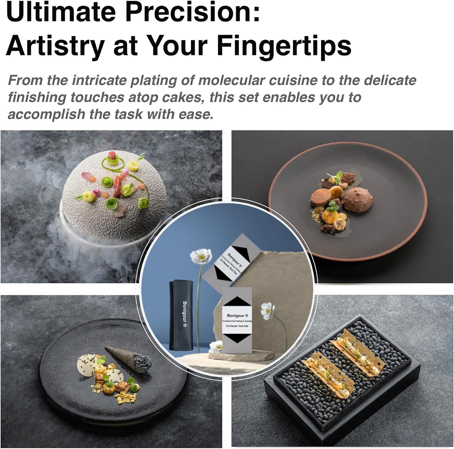 | Pastry Chef's Plating Tools Culinary Set | 10 Piece Professional Pastry Chef Plating Utensils | Spatula, Tweezers, Chef Scissors for Biscuit Decoration, Platig | Stainless Steel (Black)