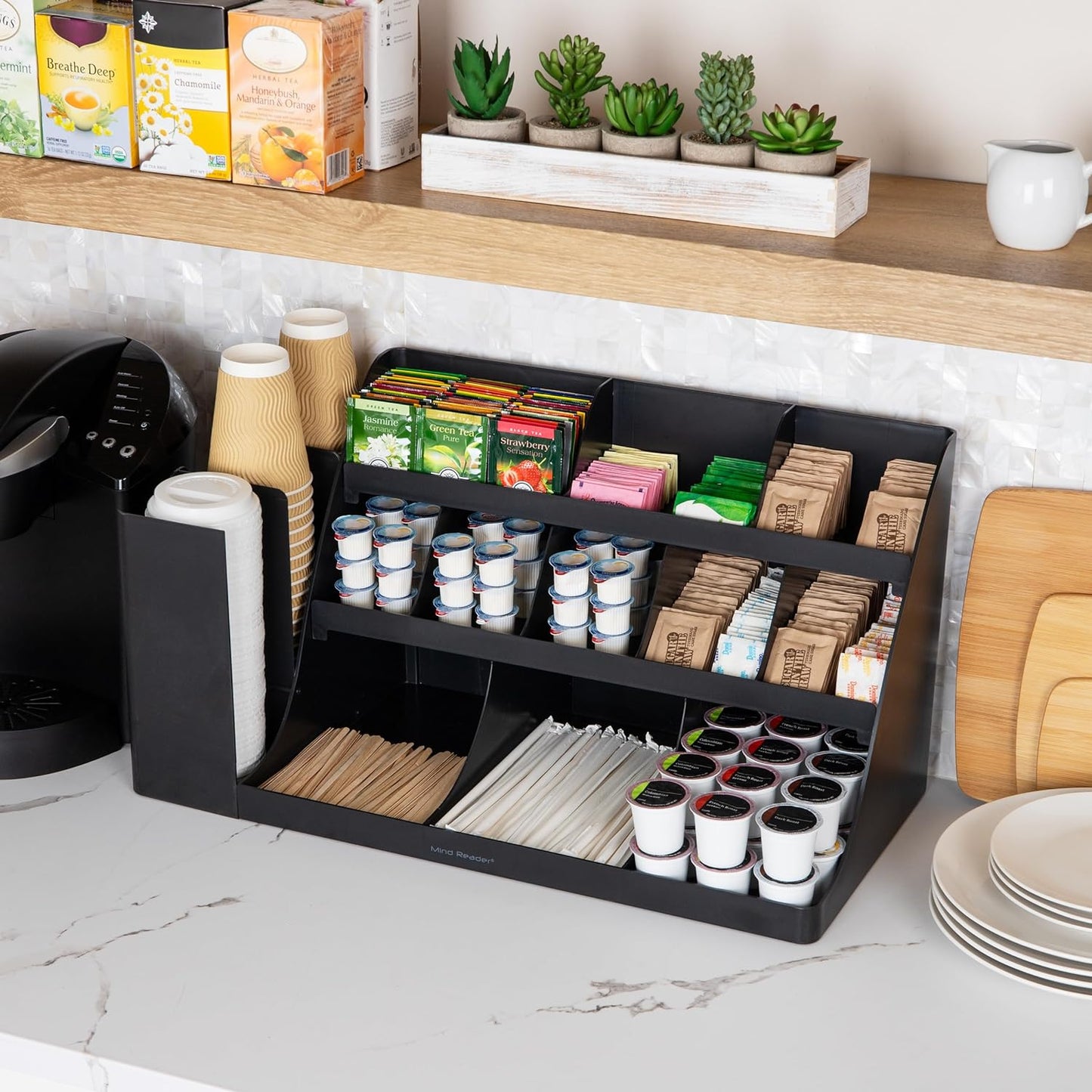 Mind Reader Cup and Condiment Station, Breakroom Countertop Organizer, 3-Tier Storage for Office Coffee Stations and Shared Spaces, Metal Mesh, Black