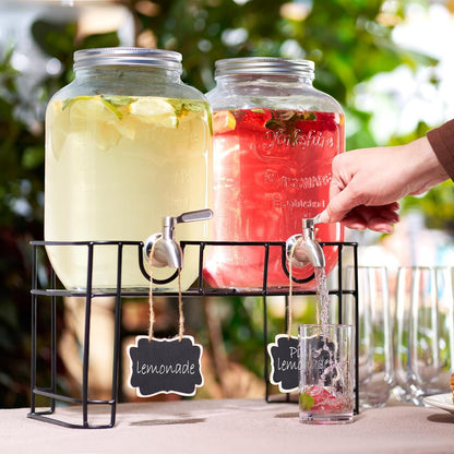 FineDine Glass Drink Dispenser with Stand & Stainless Steel Spigot – 1 Gallon drink dispensers for parties, glass beverage dispenser Set, punch bowl for Lemonade, Juice, Infused Water & More, 2 Pack