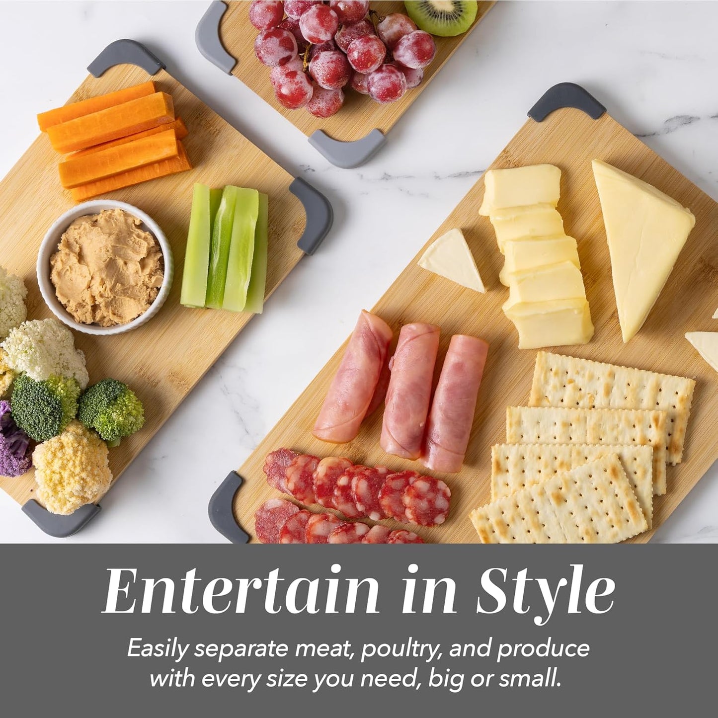 COOK WITH COLOR Non-Slip Cutting Board Set – Kitchen Essentials with Easy Grip Handle for Meat, Veggies, and Fruits, 3 Cutting Boards, Bamboo Non-Slip Grey