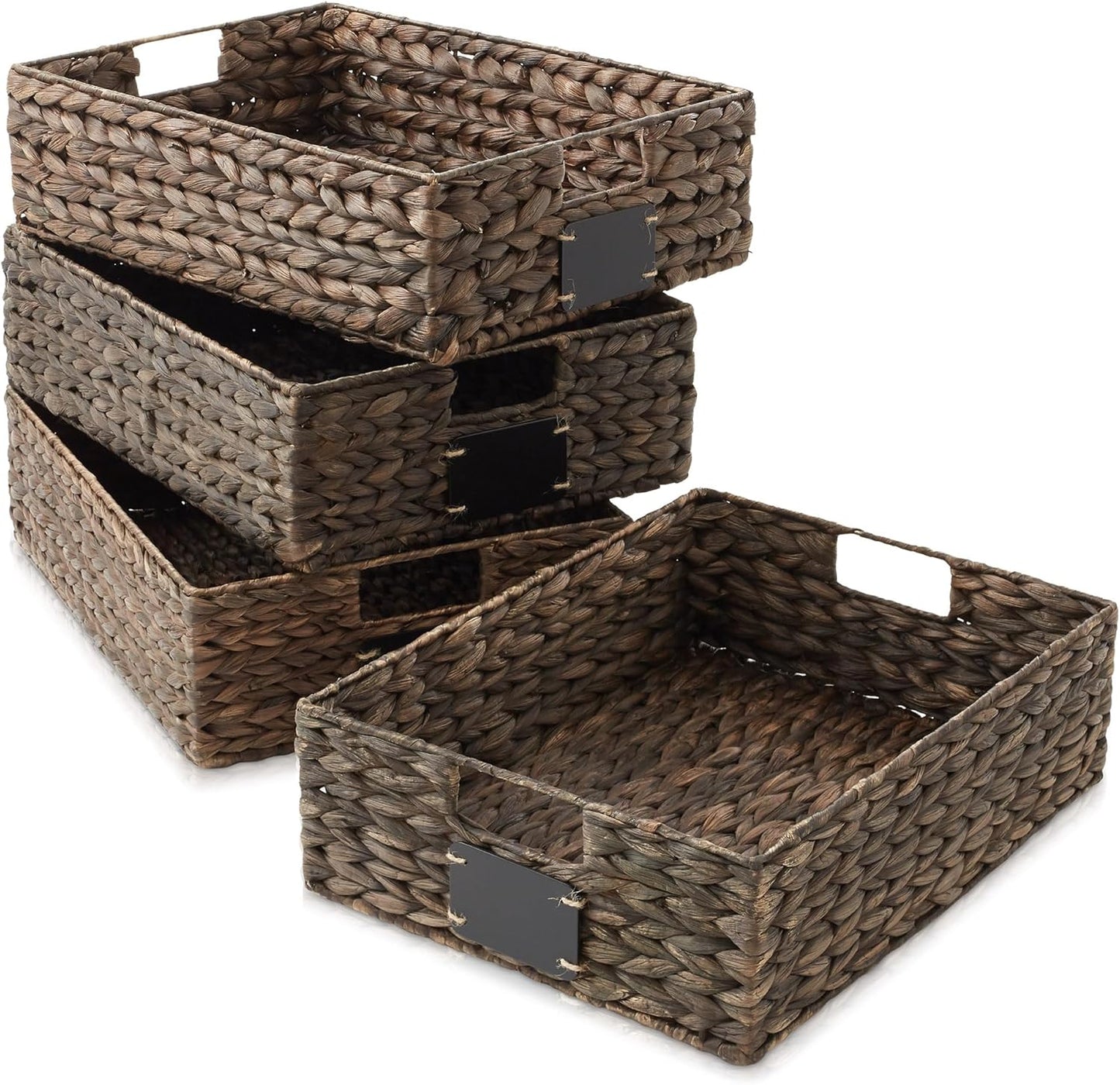 Casafield Set of 4 Water Hyacinth Pantry Baskets, 10" x 13" x 5", with Chalkboard Labels and Chalk Marker - Natural, Woven Storage Bin Organizers for Kitchen Shelves