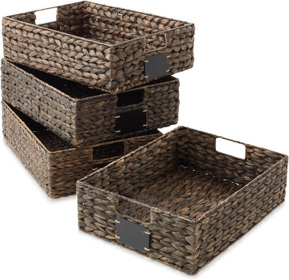 Casafield Set of 4 Water Hyacinth Pantry Baskets, 10" x 13" x 5", with Chalkboard Labels and Chalk Marker - Natural, Woven Storage Bin Organizers for Kitchen Shelves