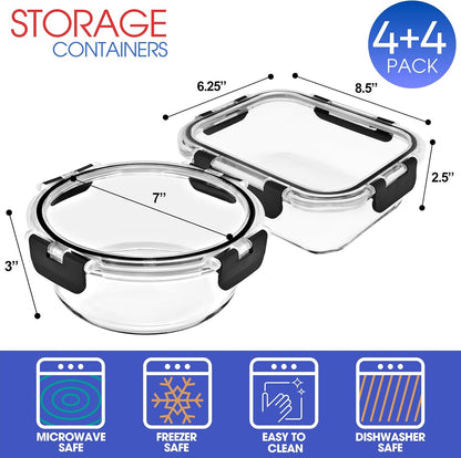 Sorbus 16pc (8 Rectangular 35oz Food Storage Containers and 8 Airtight Lids) – 4.4 Cup Glass Meal Prep Containers, Dishwasher, Freezer, and Oven Safe – Reusable Glass Food Containers for Meal Prep