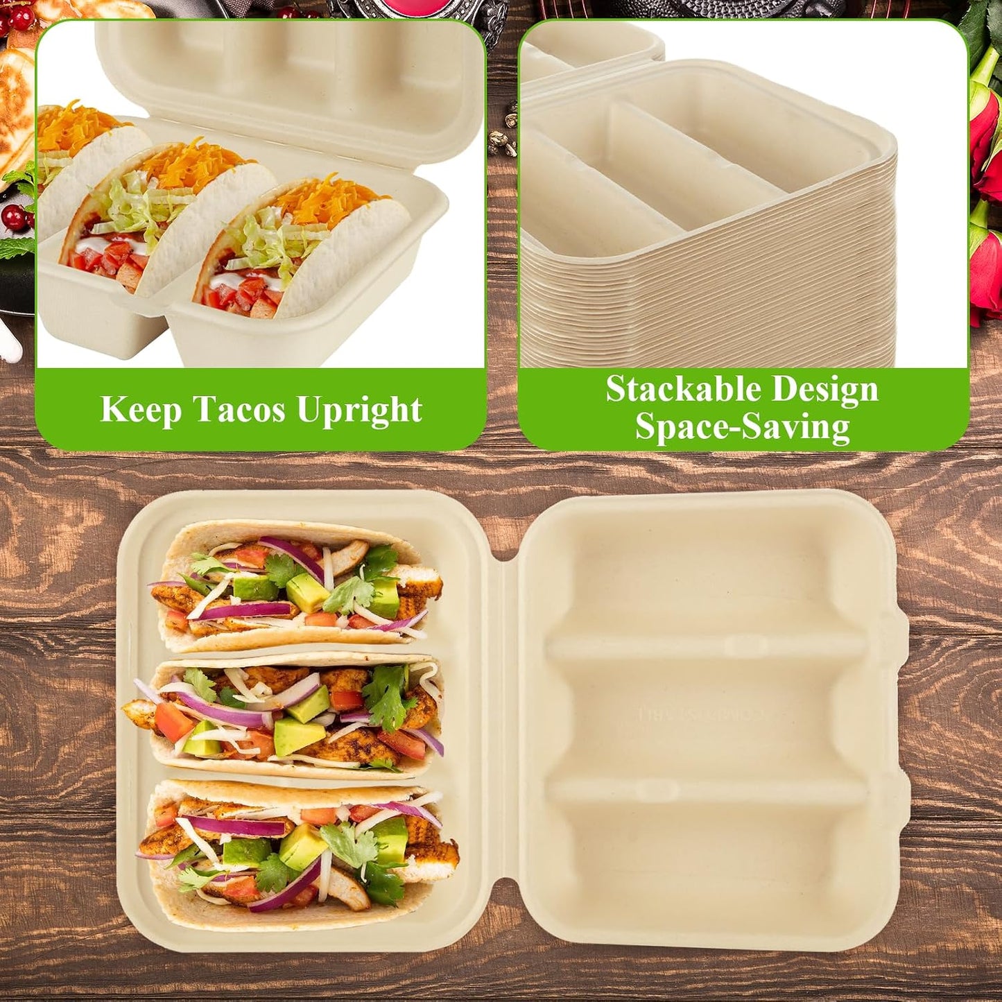 50 PCS Disposable Taco Holders with Lids Taco Plates with 3 Dividers Taco Trays Disposable To Go Taco Holders for Party Pulp Fiber To Go Taco Containers for 3 Taco Bar Serving Set for a Party