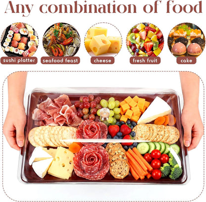 Baderke 16" x 9" Chilled Serving Tray for Parties with lids Compartments Ice Chilled Party Platter Charcuterie Serving Board Cold Dish Dip with Tongs for Fruit Seafood Vegetable (Dark Wood)