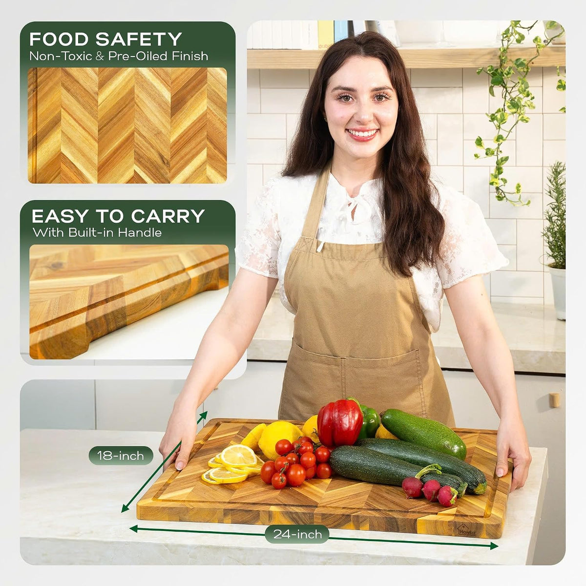 Solid Acacia Wood 20"x15" Large Cutting Board Butcher Block