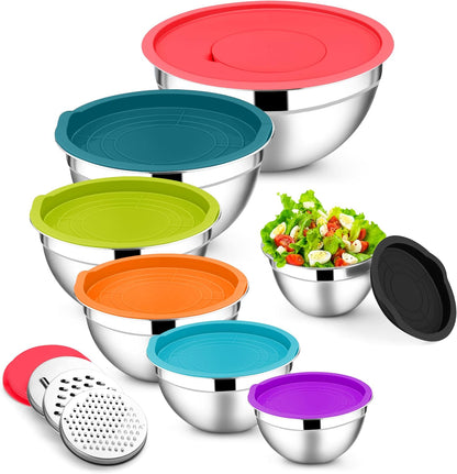 E-far Stainless Steel Mixing Bowls with Lids Set, 5-Piece Nesting Salad Bowls with 3 Grater Attachments and Non-Slip Bottoms, Size 4.6, 2.6, 2, 1.5, 1QT for Kitchen (Khaki)