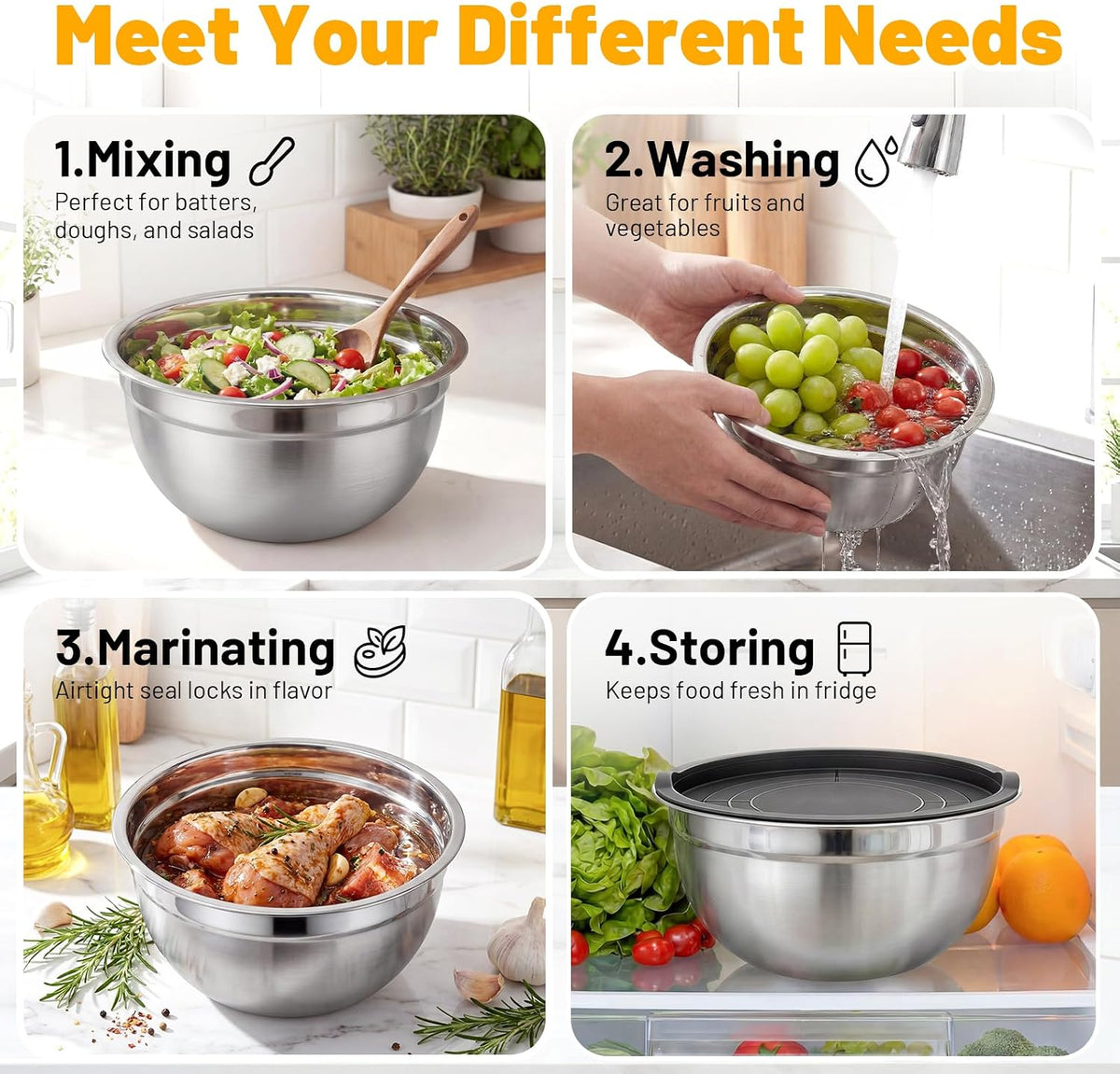 Beasea Stainless Steel Mixing Bowls, 5 Pack 1.5 QT Stackable Nesting Mixing Bowls with Airtight Lids, Metal Bowl with Lid for Baking, Meal Prepping, Salad, Serving, Food Storing