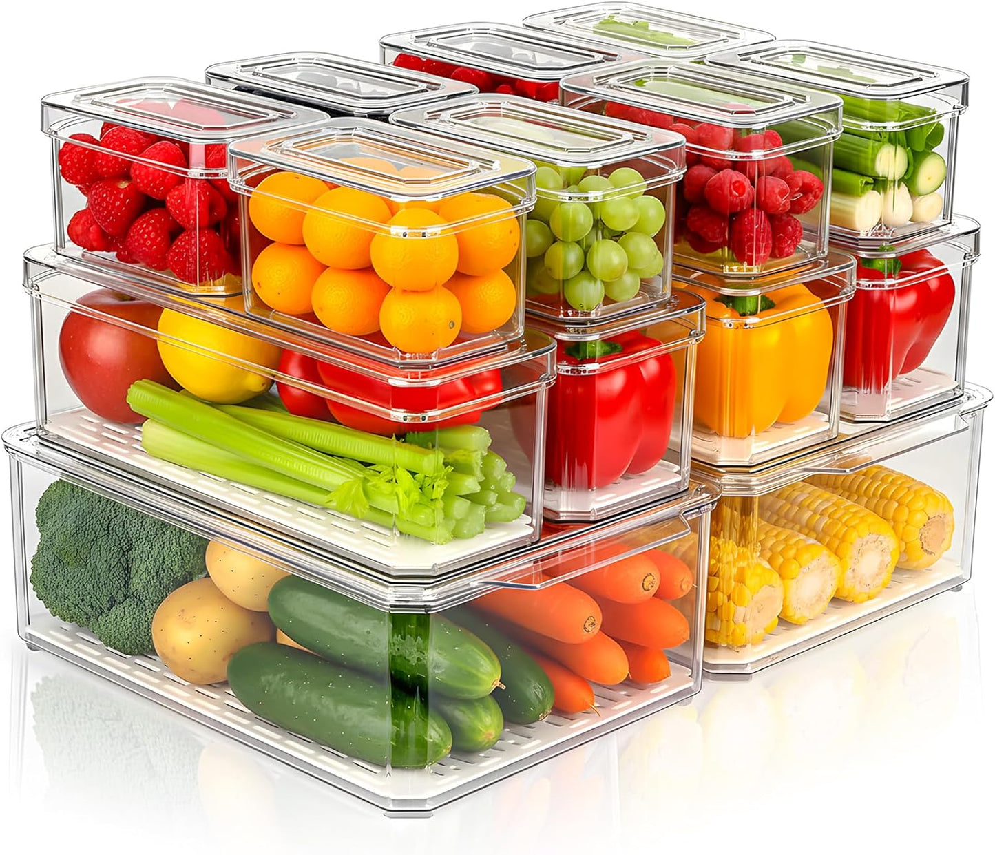 14 Pack Fridge Organizer Storage Bins Set, Clear Stackable Food Storage Containers with Lids BPA-Free for Refrigerator, Freezer, Kitchen Countertop, Organizers for Fruits, Vegetables, Drinks, Cereals