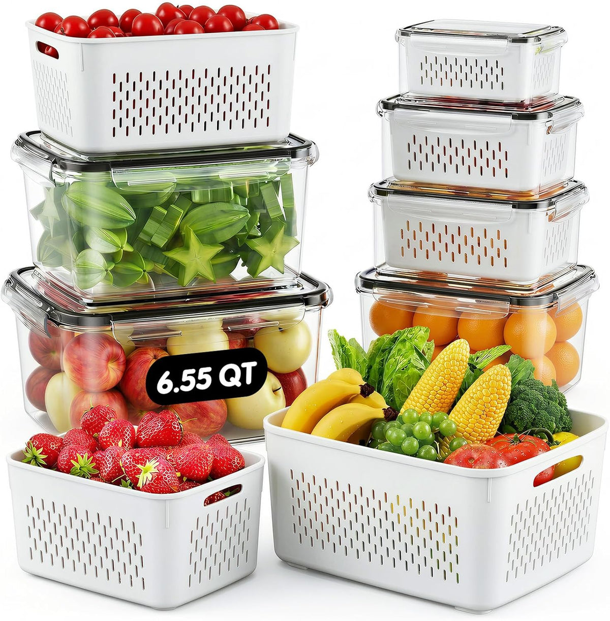 Fruit Storage Containers for Fridge - 6 Pack Produce Storage Containers with Removable Colander, Leakproof Refrigerator Fruit Organizers Keep Berry Veggie Salad Meat Fresh Longer, Largest 6.55 Quart