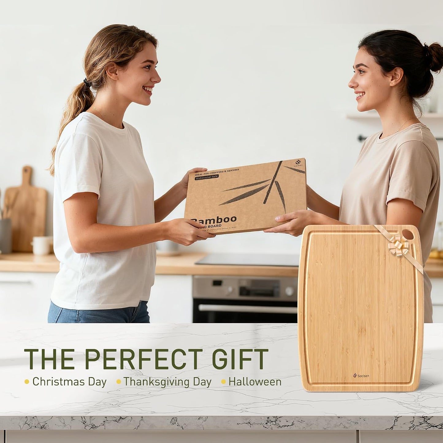 Lightweight Durable Bamboo Cutting Board Set with Non-Slip Feet, Wood Cutting Board for Busy Kitchen, Easy Clean Wooden Chopping Boards with Juice Groove Best House Warming Gift Set of 3 (S+M+L)