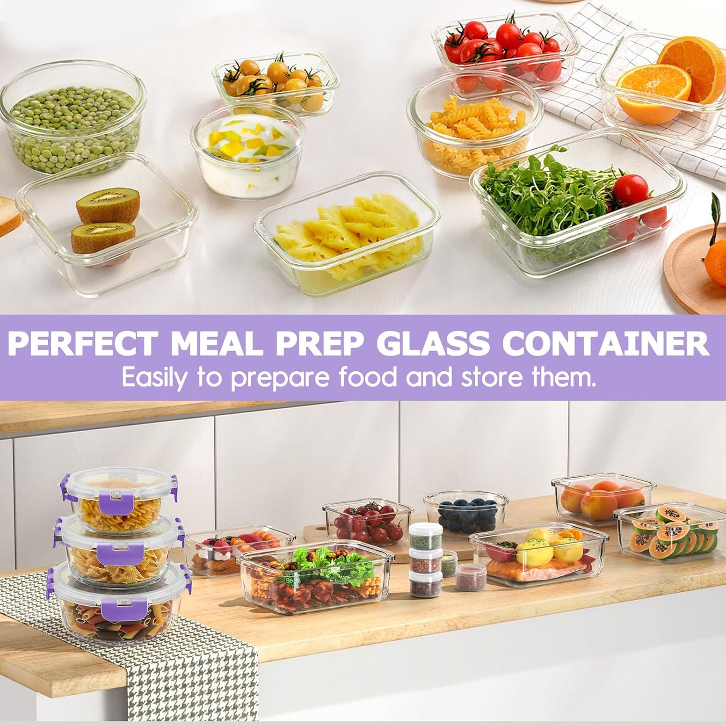 34pcs Glass Food Storage Containers with Lids Set, Airtight Glass Meal Prep Containers (17 Containers & 17 Lids), Leak Proof Lunch Container BPA-Free, Microwave, Oven, Freezer, Dishwasher Safe-Blue