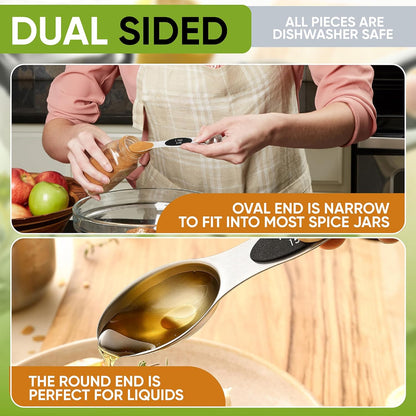 Spring Chef Magnetic Measuring Cups & Spoons Set, Patented, Strong N45 Magnets, Heavy Duty Stainless Steel Fits in Spice Jars for Baking & Cooking, BPA Free, Round Set of 15 with Leveler, Black