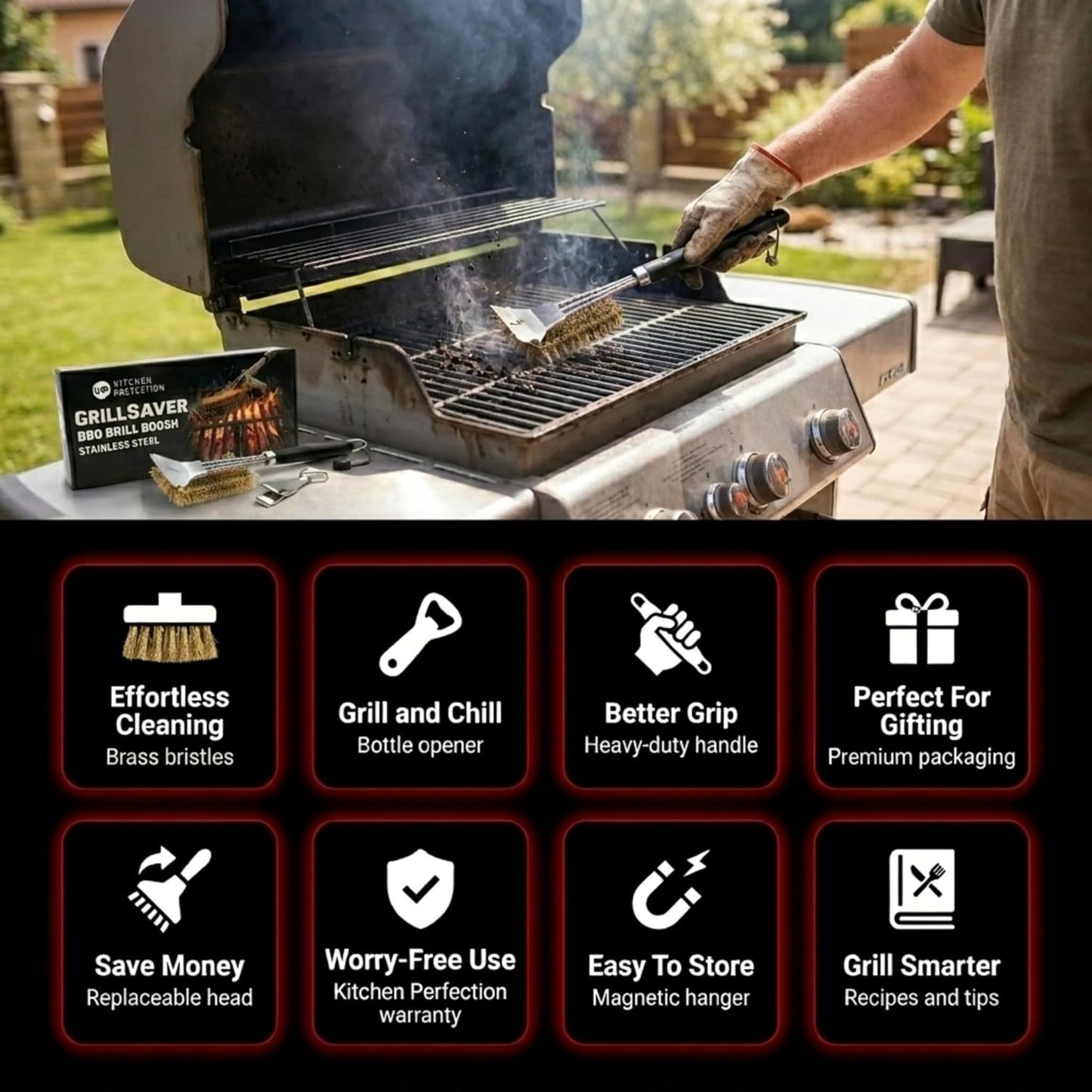 KITCHEN PERFECTION GrillSaver - Safe BBQ Grill Brush for Outdoor Grill with Replaceable Cleaning Head -Heavy-Duty Grill Cleaner with Scraper for All Grates +2 Bonuses -Best Grilling Gifts for Men