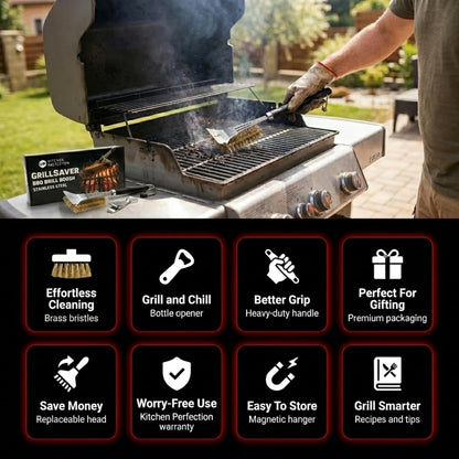 KITCHEN PERFECTION GrillSaver - Safe BBQ Grill Brush for Outdoor Grill with Replaceable Cleaning Head -Heavy-Duty Grill Cleaner with Scraper for All Grates +2 Bonuses -Best Grilling Gifts for Men