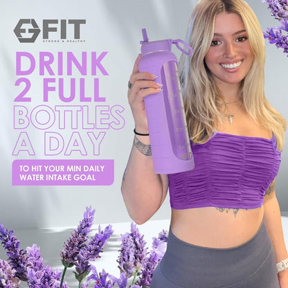 FIT Strong & Healthy 2 & 3 Compartment Glass Meal Prep Containers with LAVENDER Lids (4 Pack, 32 oz) and 32 oz Glass Water Bottle with Straw Lid, Time Marker, Sleeve & Extra Lid Bundle