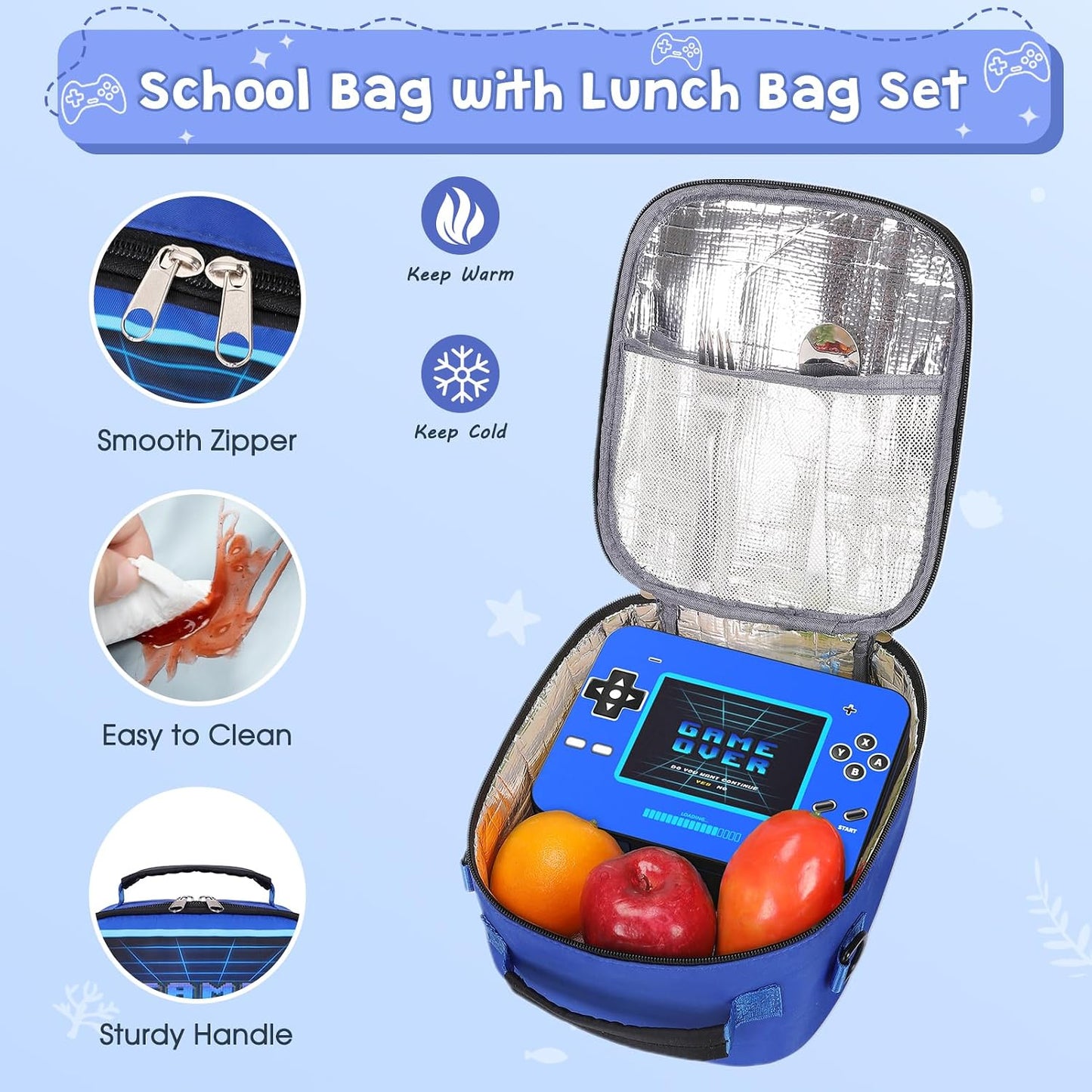ACESAK Game luminous Boys Backpack - Bento Box with Insulated Lunch Bag Pencil Case, Utensils Set for Kids, 6 Leakproof Compartments Removable Tray Lunches or Snack Container (Blue)