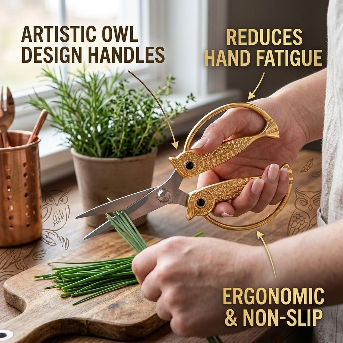XSNBRD All Purpose Kitchen Scissors, Pearl Gold Stainless Owl Shears.