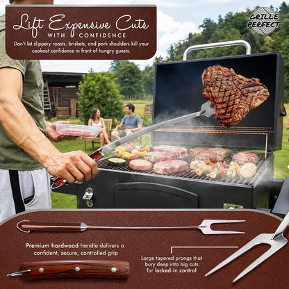 Grill Fork 24-inch Super Long for Grilling Barbecue Griddle and Fire Pit Extra Strong Curved Neck Premium Hardwood Handle Large Stainless Steel Tines for BBQ Outdoor Kitchen and Grilled Food
