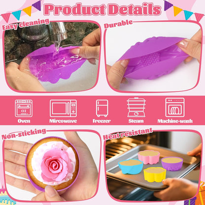 R HORSE 42Pcs Extra Large Silicone Molds, 3 x 1.2 inch Jumbo Cupcake Multi Flower Shapes Baking Cups Non-Stick Donut Wrapper Mold Muffin Liners Washable for Pan Oven Microwave Dishwasher