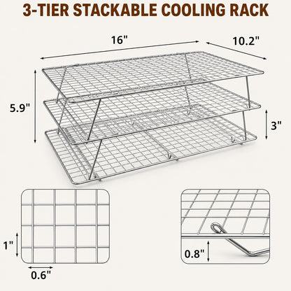 Cooling Rack 16"x10", 3-Tier Stackable & Collapsible Cooling Racks