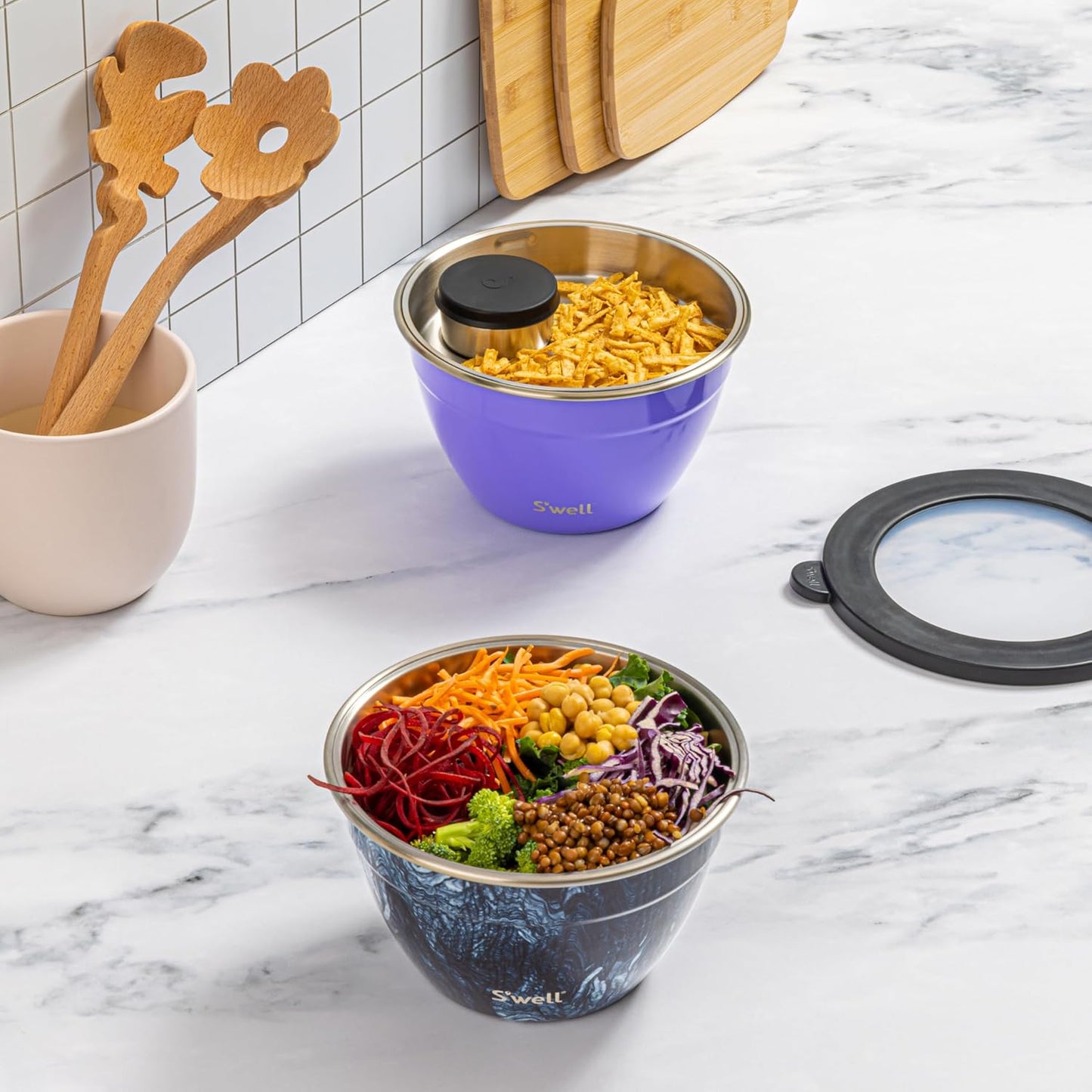 S'well Stainless Steel Salad Bowl Kit 64oz, Peacock Blue, Comes with 2oz Mini Canister and Removable Tray for Organization, Leakproof, Easy to Clean, Dishwasher Safe