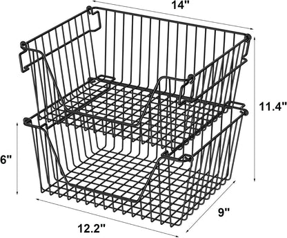 Stackable Wire Metal Baskets Sturdy Cabinet Organizer Wire Pantry Freezer Bin with Handle for Kitchen Fruit Vegetable Organization, Black, 3Packs