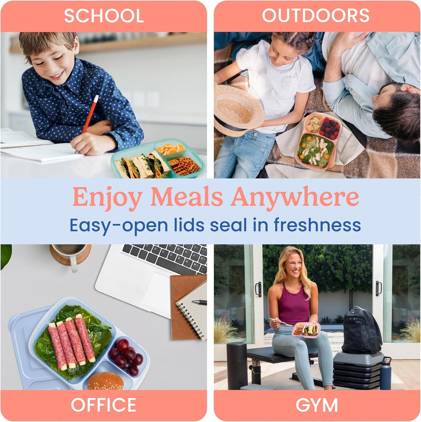 Bentgo Easyboxes - Original Stackable Lunch Boxes - Reusable 3-Compartment Food Containers for Kids and Adults - Bento Lunch Box for Meal Prep, School, & Work - BPA Free, Set of 4 (Earth Tones)