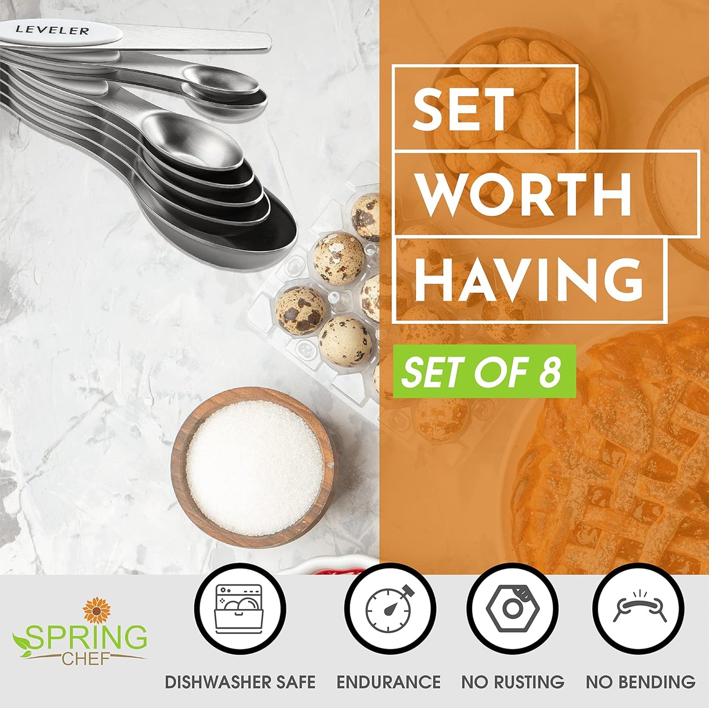Spring Chef Stainless Steel Magnetic Measuring Spoons Set with Strong N45 Magnets, Heavy Duty Metal Kitchen Gadgets for Baking & Cooking, Fits in Most Kitchen Spice Jars, Set of 8 with Leveler, Black