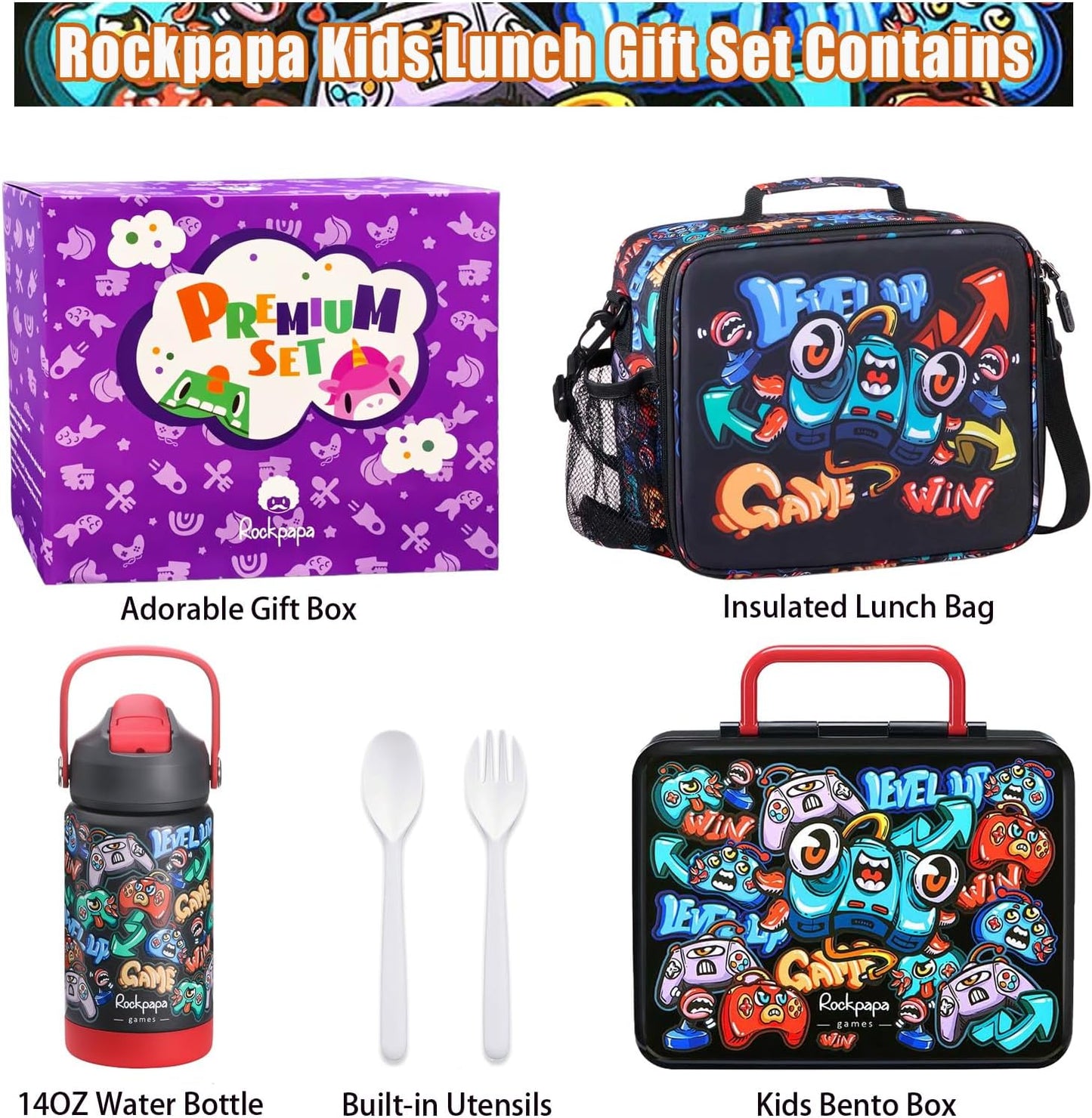 rockpapa Kids Lunch Box Set with 14oz Insulated Water Bottle & Lunch Bag, Leakproof 5.5 Cups Bento Box for School & Children, BPA-Free, Microwave Safe for Boys Girls (Grey Constr Turcks)