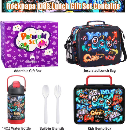 rockpapa Kids Lunch Box Set with 14oz Insulated Water Bottle & Lunch Bag, Leakproof 5.5 Cups Bento Box for School & Children, BPA-Free, Microwave Safe for Boys Girls (Grey Constr Turcks)