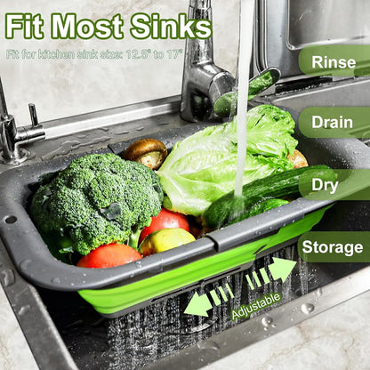 ROTTOGOON 7Qt Collapsible Colander Strainer, Expandable Over the Sink Colander, Adjustable Silicone Kitchen Sink Strainer, Foldable Large Colanders Basket to Wash Vegetable, Fruit, 15" to 19.8", Green