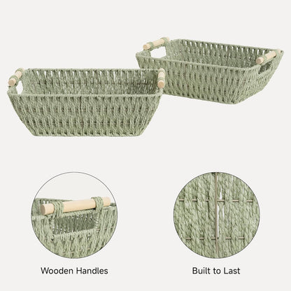 StorageWorks Hand-Woven Storage Baskets with Wooden Handles, Water Hyacinth Wicker Baskets for Organizing, 2 Pack
