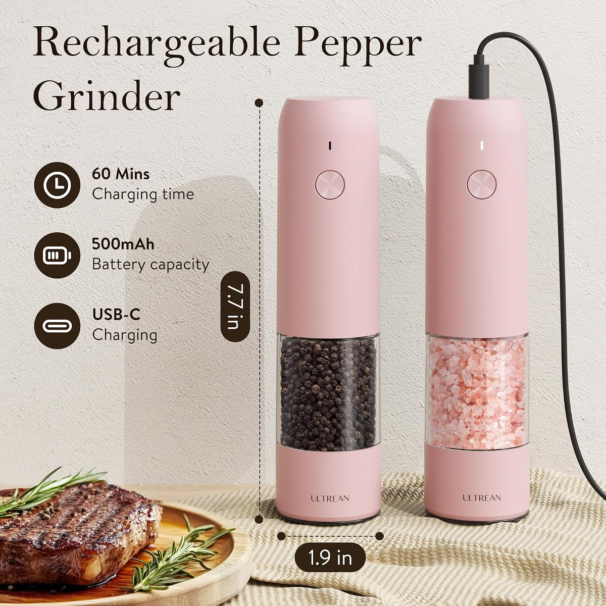 Ultrean Electric Salt and Pepper Grinder Set, Rechargeable,Matte Black