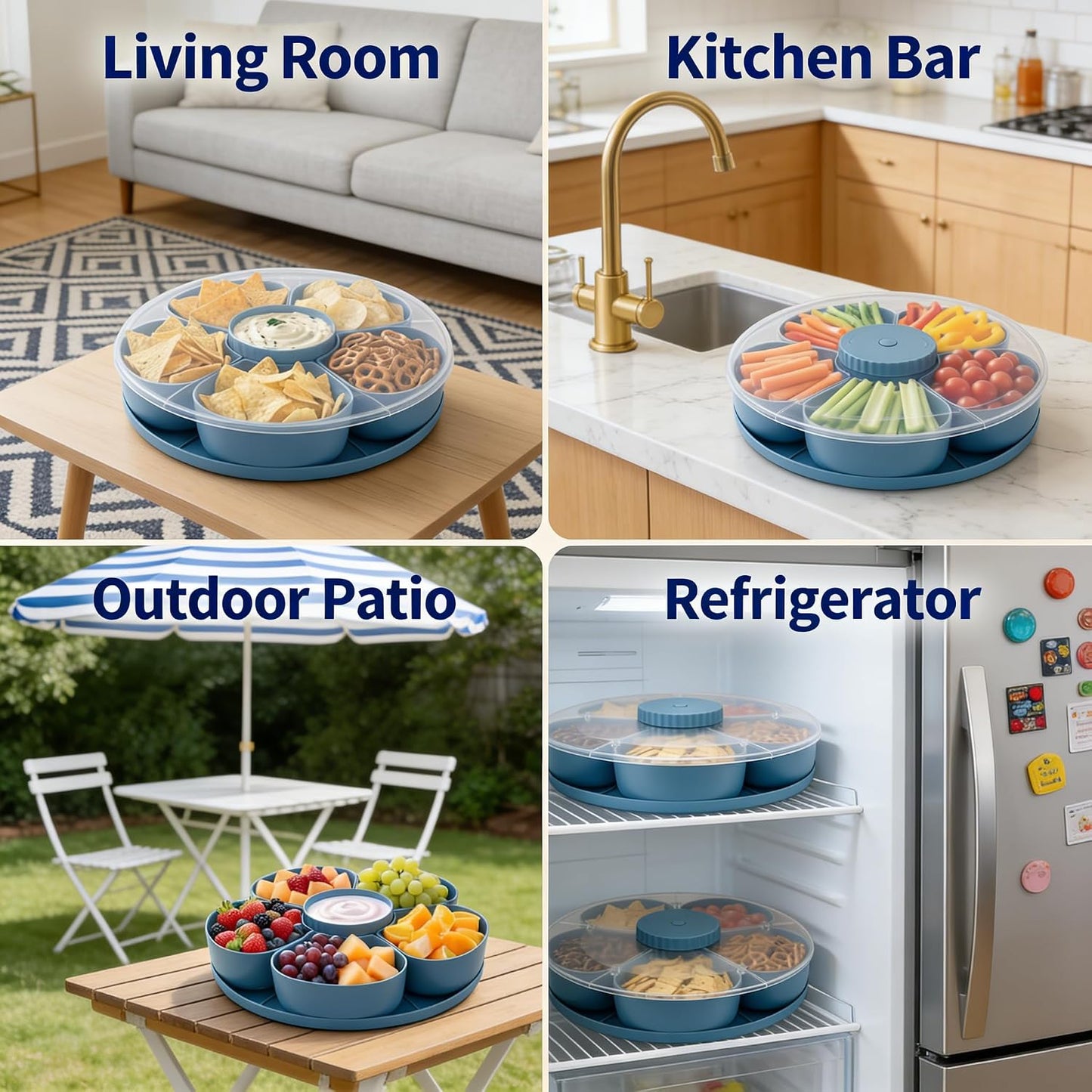 Divided Spin & Snack Serving Tray, Portable Travel Rotating Multi-Compartment Food Organizer with Lid, Party Platter for Chips, Veggies, Fruits, Dips, Nuts (Blue)