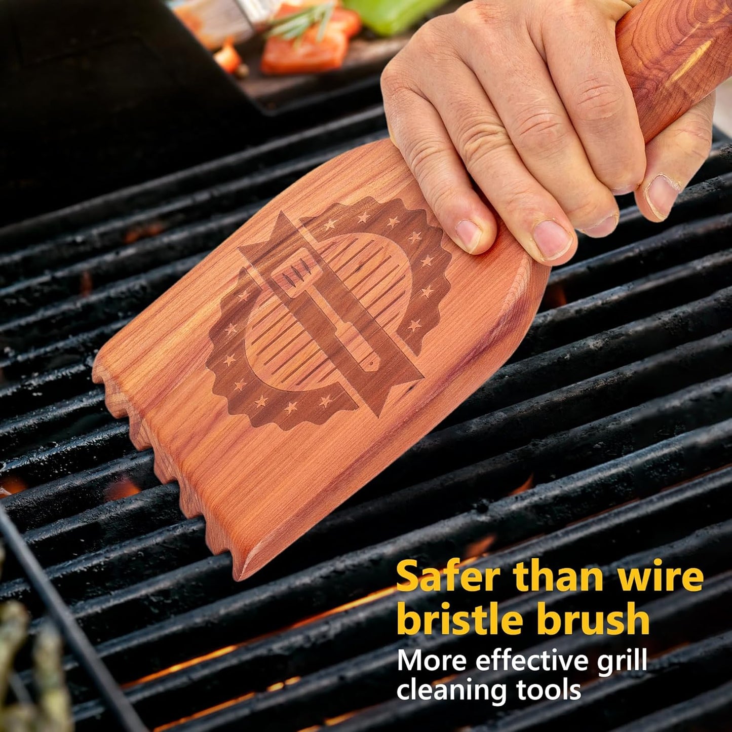 Premium Cedar Grill Scraper - Wooden BBQ Grill Cleaner, Metal Bristle-Free, Ergonomic Handle, Natural Cedar Aroma, Fits Traeger Grills - Safe & Durable Barbecue Accessory