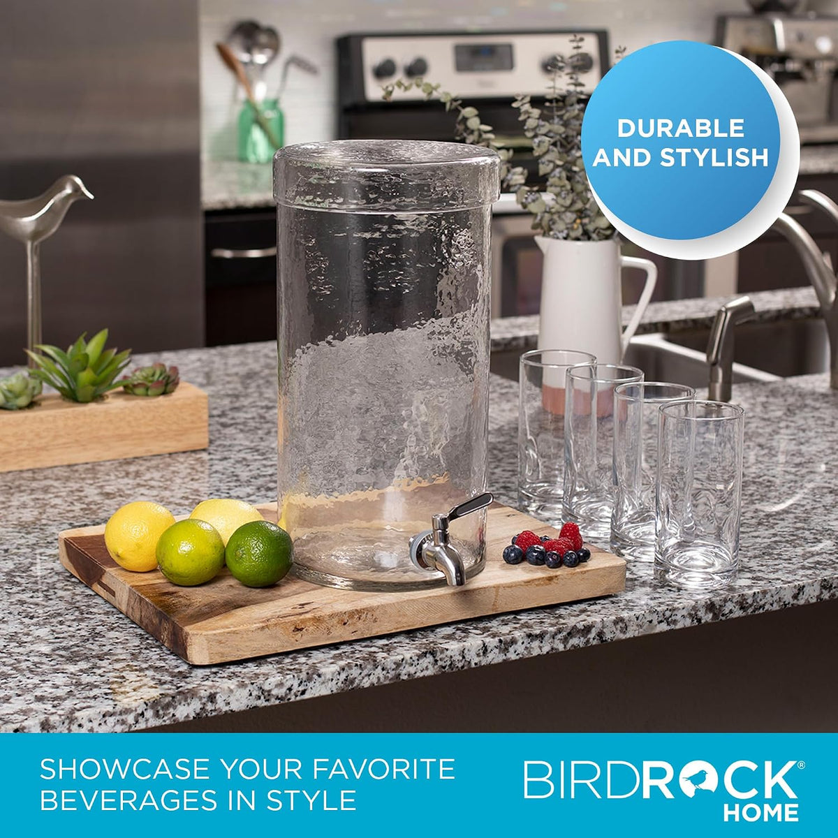 BIRDROCK HOME Beverage Dispenser with Stand & Stainless Steel Spigot - Hammered Glass Drink Dispenser for Parties Home & Events - Ideal for Serving Tea, Lemonade, Juice, Sangria, Cocktail - 1.5 Gallon