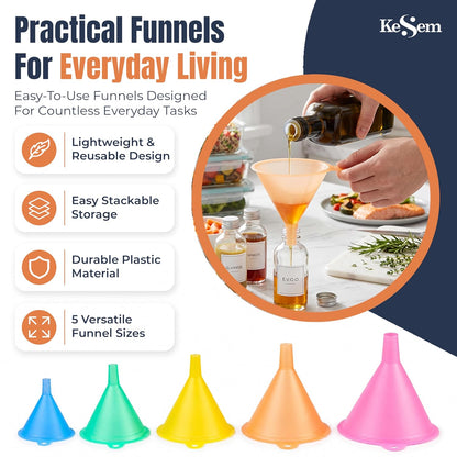 Plastic Kitchen Funnel Set of 5, Round Food Funnels for Kitchen Use, Multifunctional Funnels for Filling Bottles Canning Oil Funnel for Cooking, Lab and Automotive Use