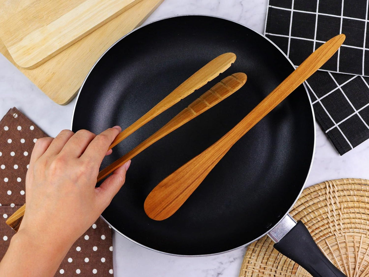 SarnThai Wood Tongs for Cooking, 12 Inch Handcrafted Teak Wood Toaster Tongs for Bread, BBQ, Meat, Salad, Pasta, Kitchen Serving