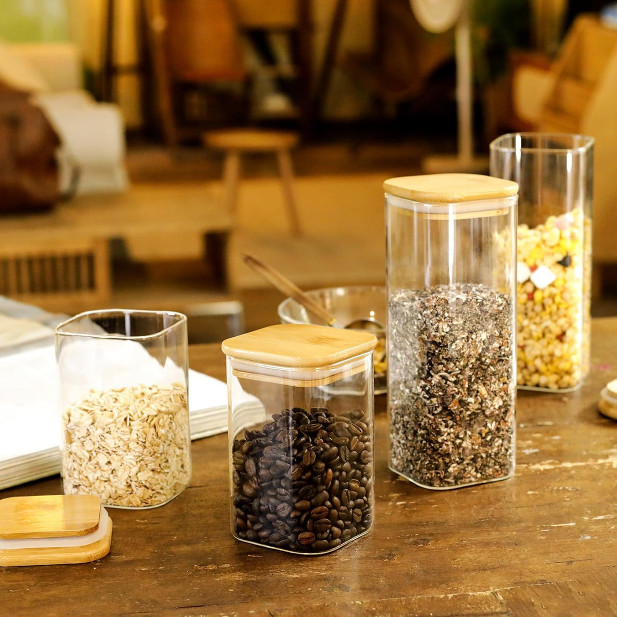 LIBWYS 12-Pack Square Glass Storage Jars with Bamboo Lids (0.6Qt/1.06Qt) - Stackable Food Containers for Pantry Organization, Coffee, Flour, Snacks, Tea | Kitchen Canisters Set