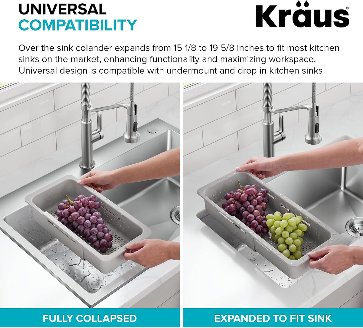 KRAUS Expandable Colander for Kitchen Sink/Over the Sink Colander, Lt Grey